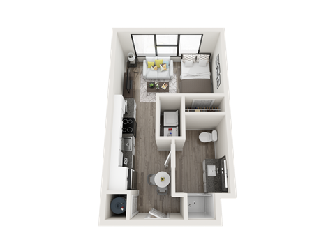 Studio apartment with large windows and side-by-side washer/dryer at Link Apartments® Montford, North Carolina